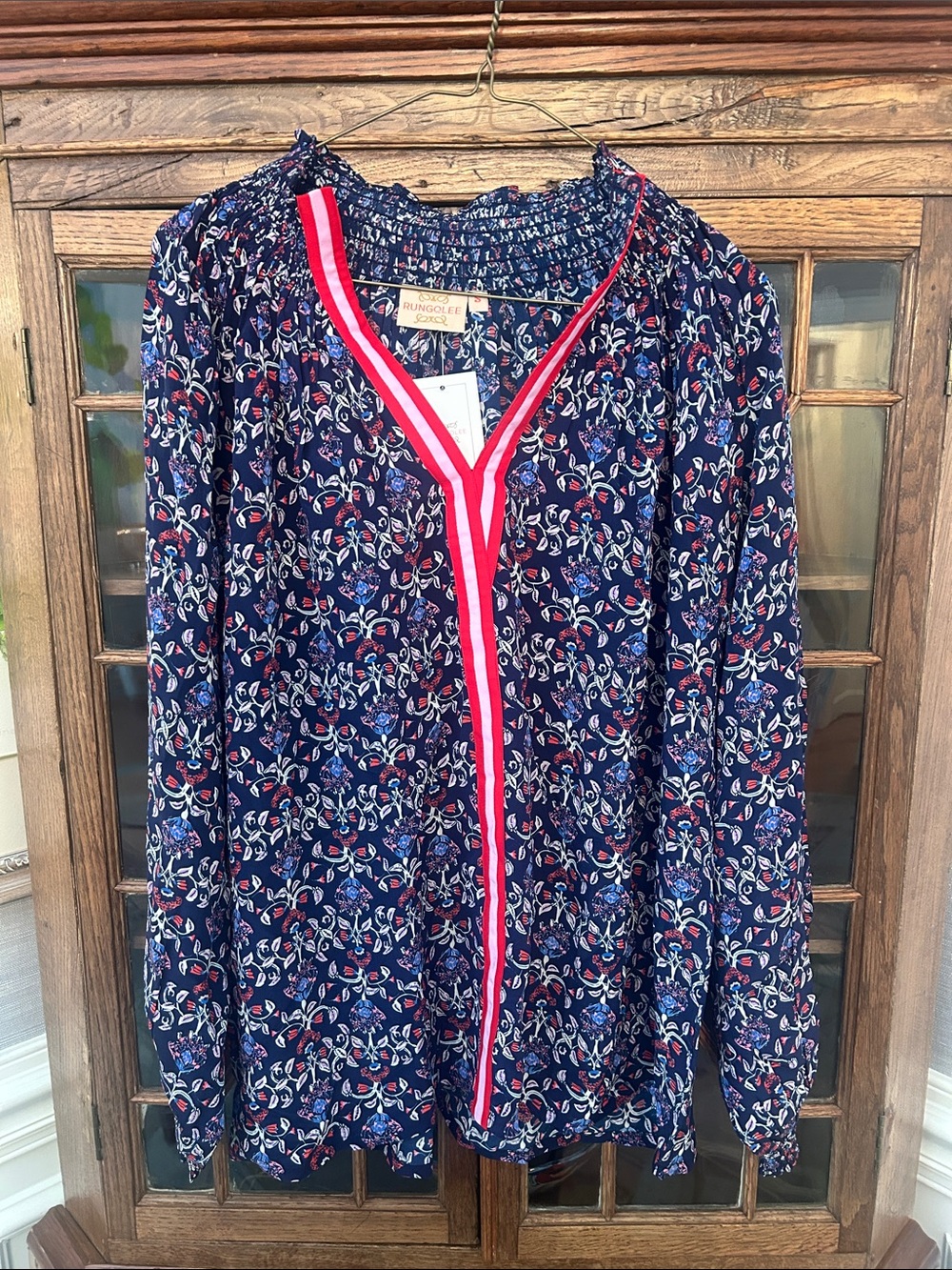 Rungolee silk Navy Floral Blouse with Bright Red Trim